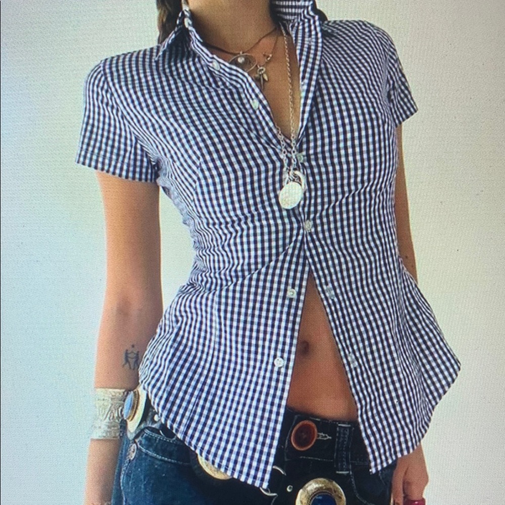 Women's Navy and White Gingham Short-Sleeve Button Shirt